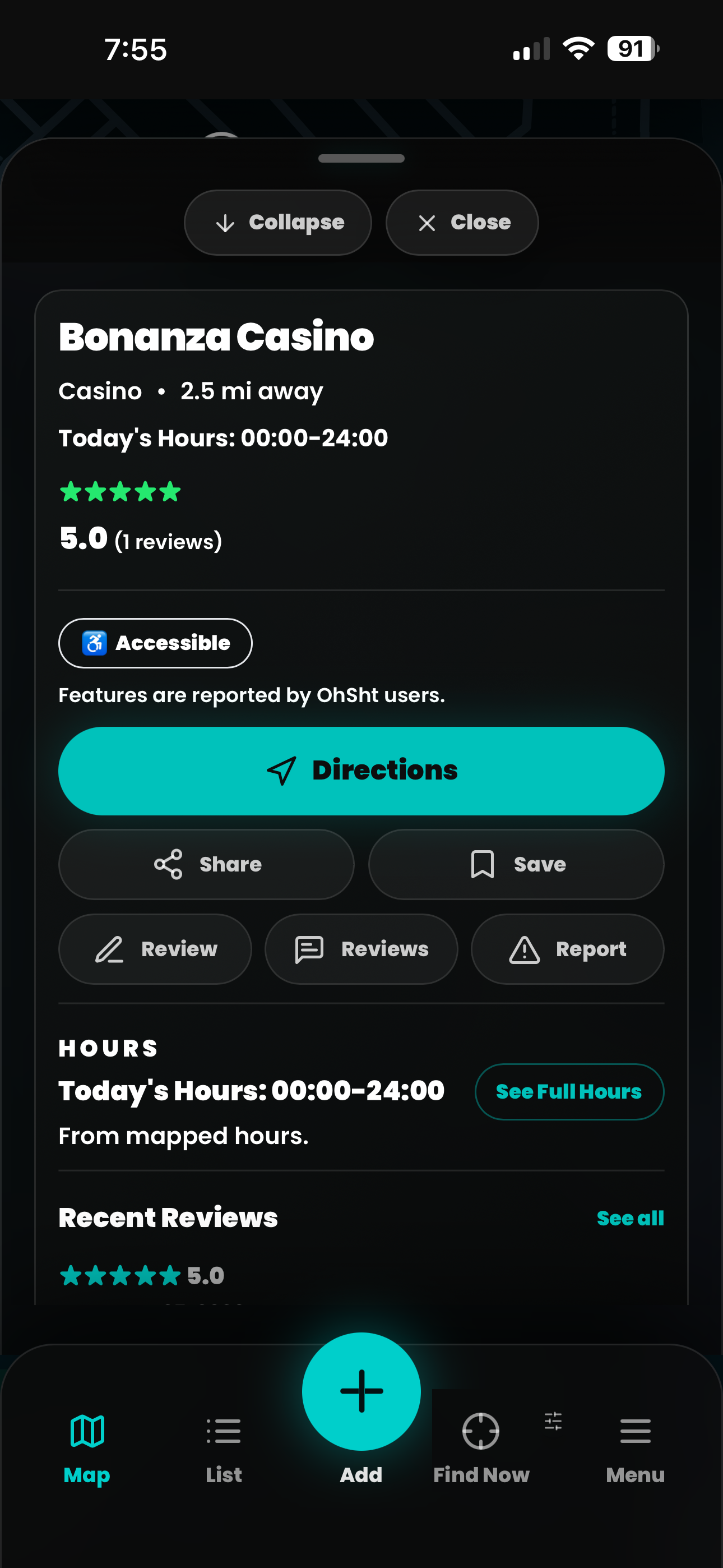 OhSht place detail with rating and directions