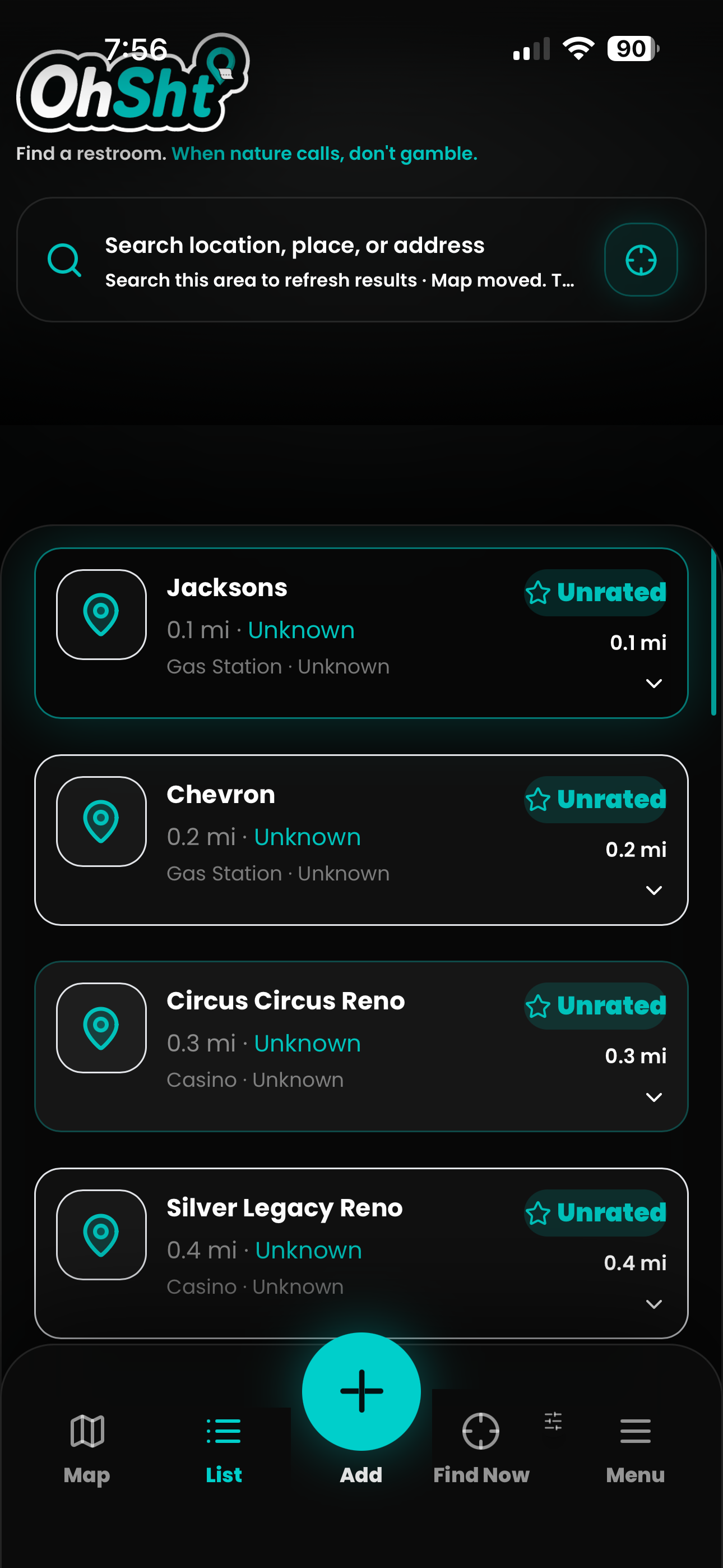 OhSht list view of nearby restrooms