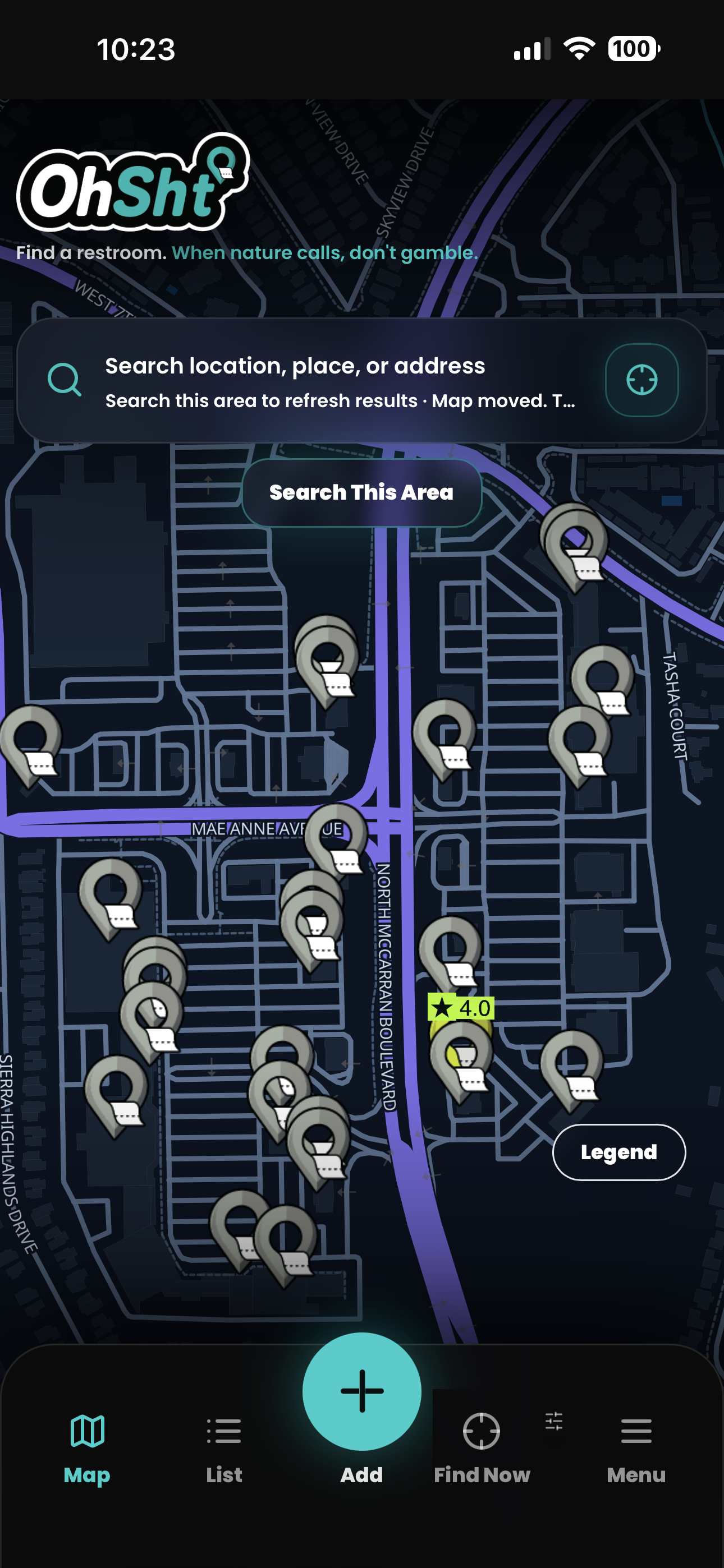OhSht map view with dense restroom pins