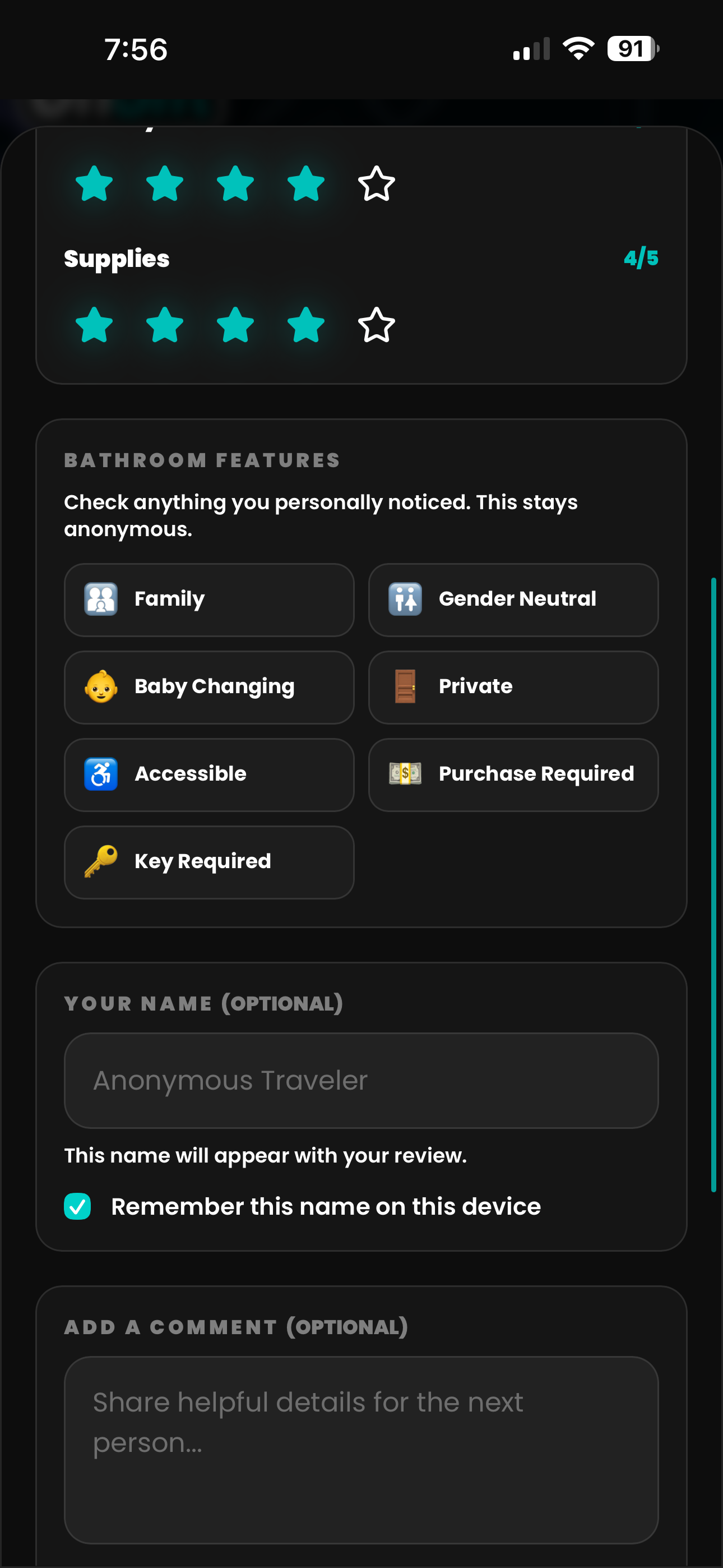 OhSht leave a review with bathroom feature tags