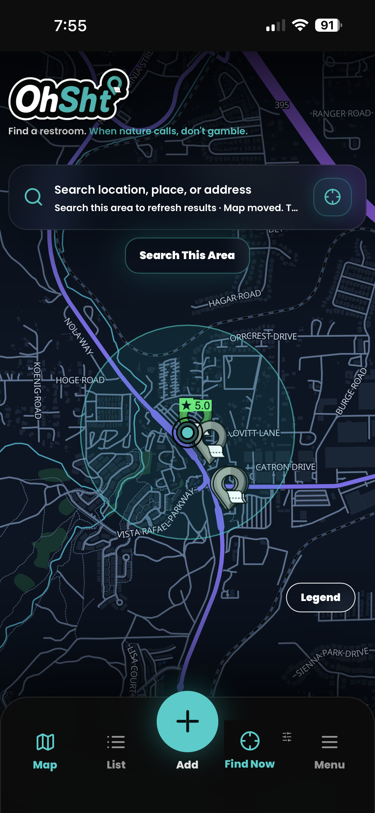 OhSht map screen showing color-coded rating pins for nearby restrooms